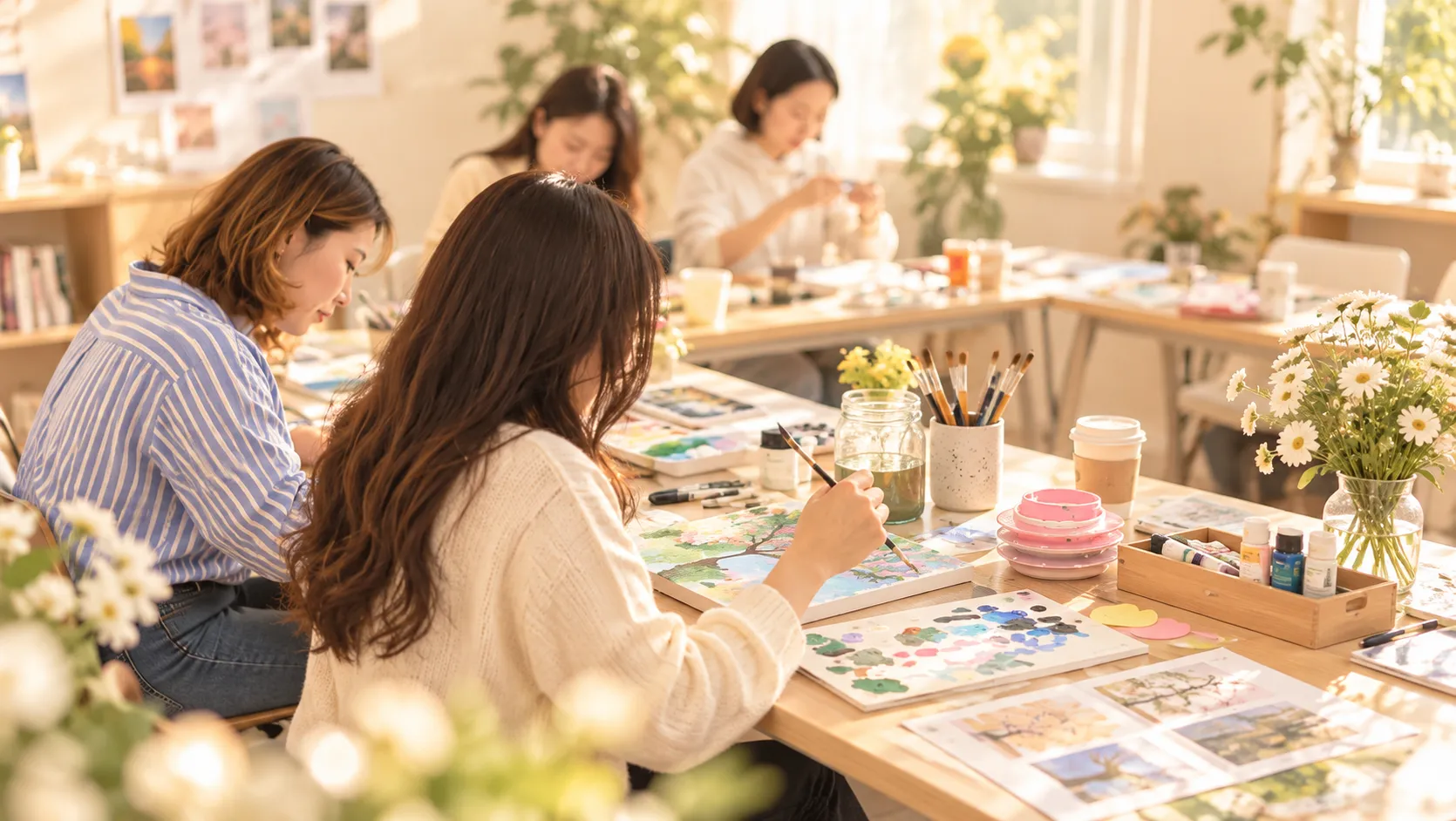 밝은 창작 공방에서 나무 그림 캔버스에 색을 칠하는 모습